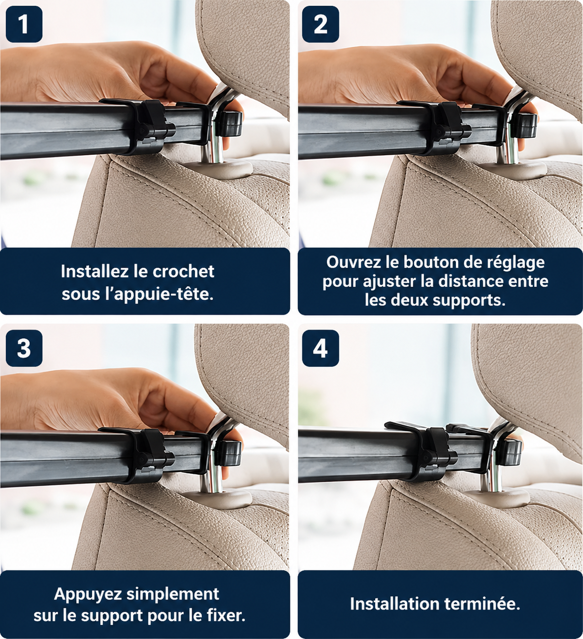Tablette et support pour voiture avec étapes d’installation sur les tiges de l’appuie-tête