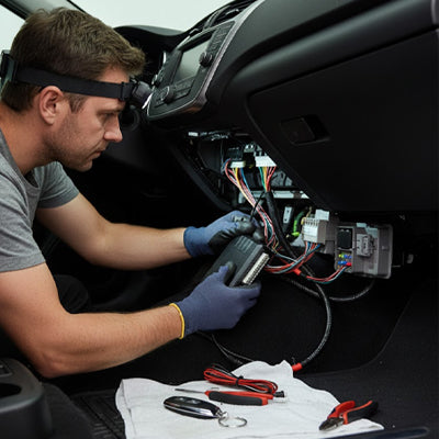 Installation voiture alarme sous tableau de bord avec cùblage électrique sécurisé