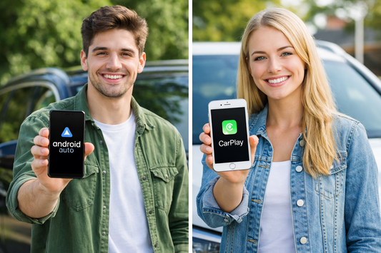 Deux jeunes  tenant chacun devant sa voiture sontéléphone androide et iphone connectés a androide auto et apple carplay