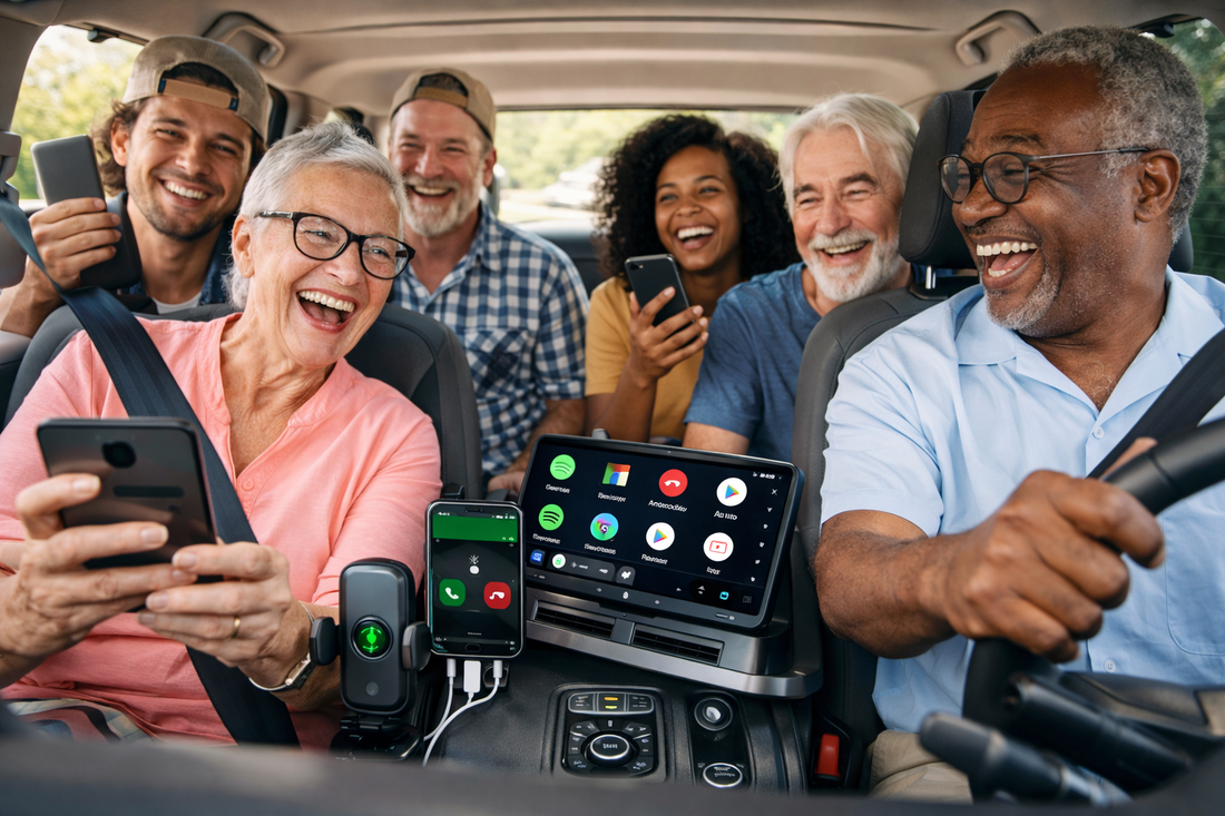 Amis joyeux  dans voiture avec autoradio Bluetooth androïde auto connectés avec d'autres appareils multimédia 