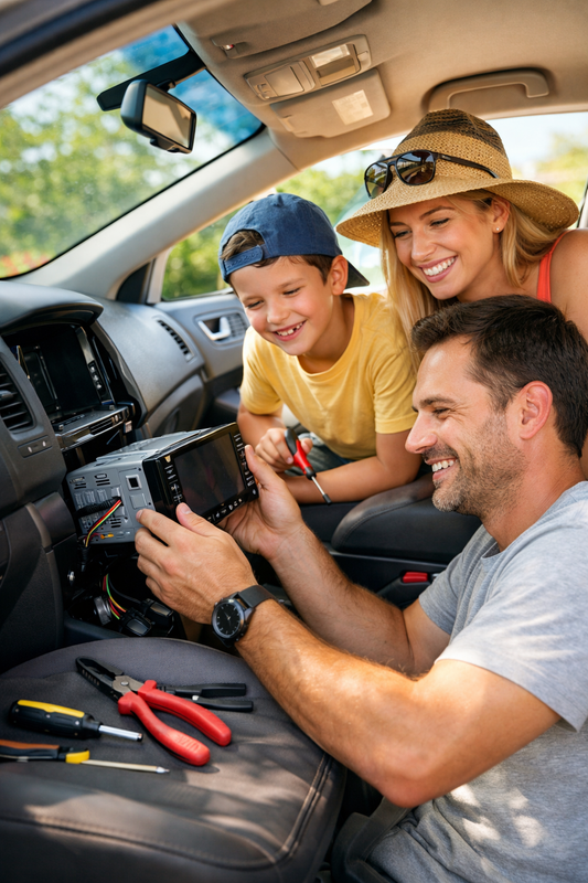 Famille heureuse installe  autoradio Bluetooth dans leur voiture en été