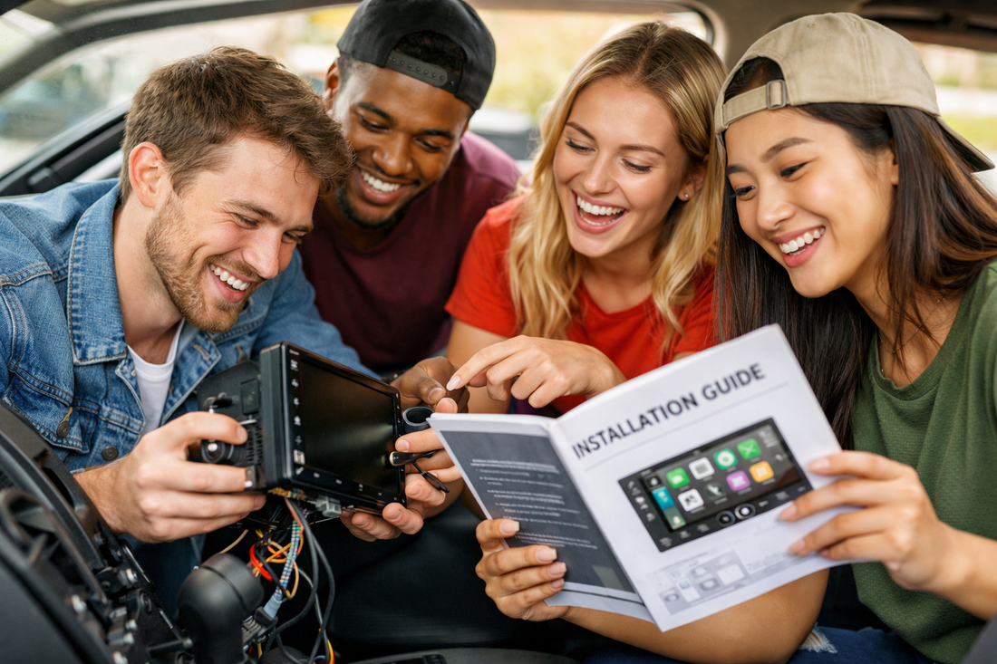 Quatre jeunes installent autoradio android dans voiture avec guide d'installation