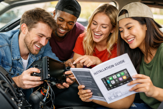 Quatre jeunes installent autoradio android dans voiture avec guide d'installation