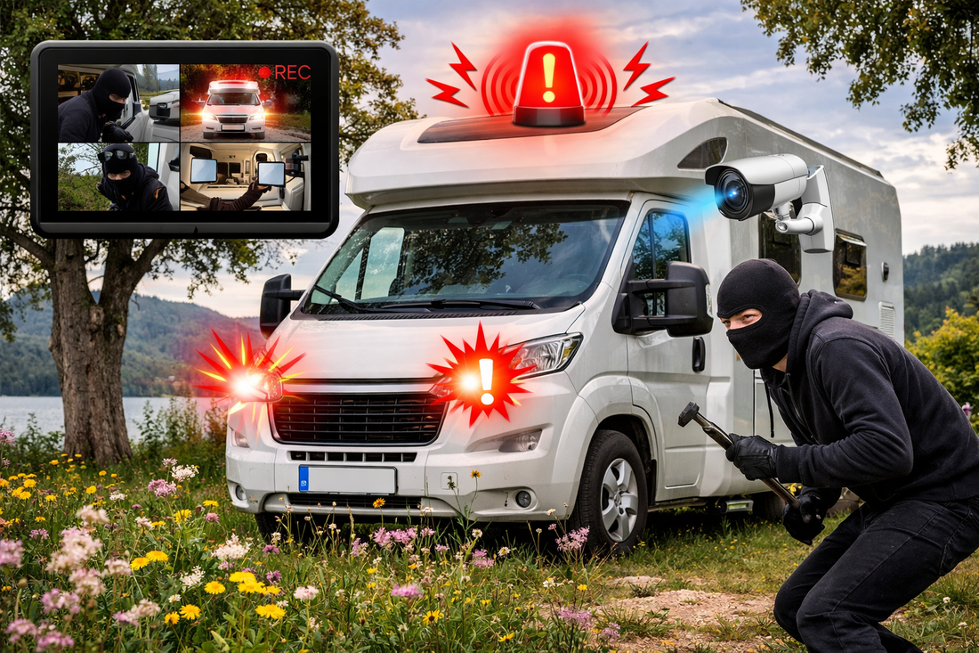 Caméra embarquée filmant voleur masqué, alarme camping car déclenchée en stationnement