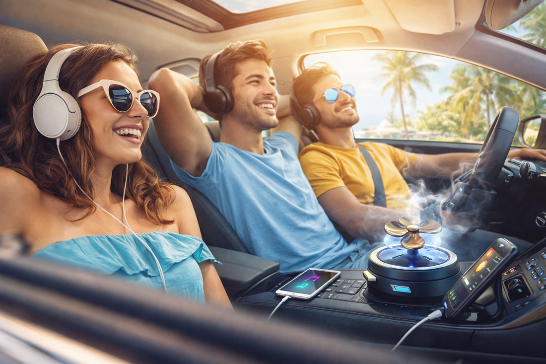 Jeunes heureux dans voiture en été confort multimédia avec diffuseur de parfum