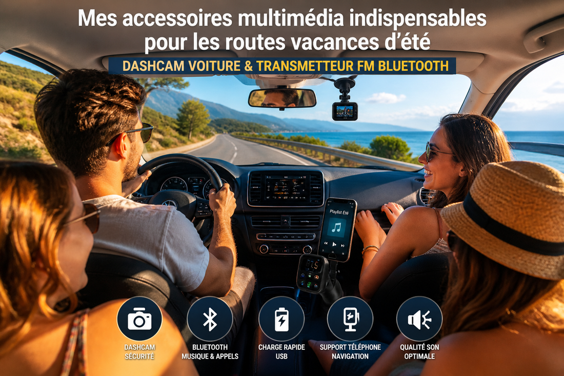 Jeunes en route vacances d'été avec voiture connectée avec Dashcam voiture et transmetteur fm bluetooth