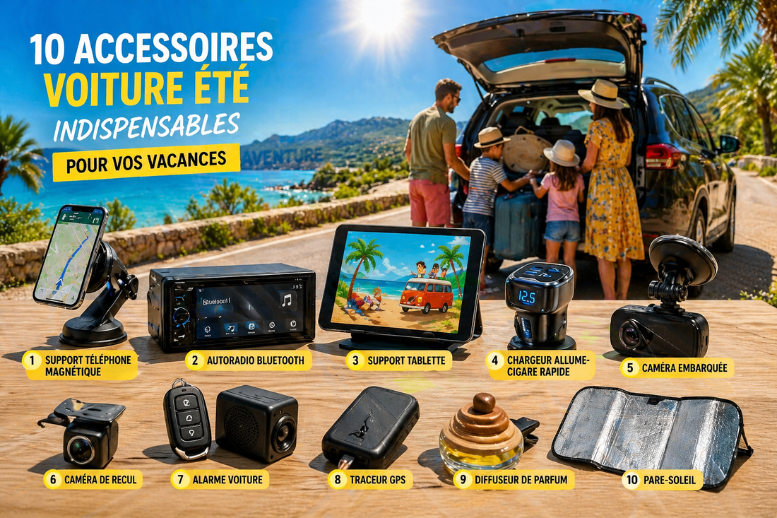 Famille charge voiture pour vacances d'été avec dix accessoires multimédia connectés