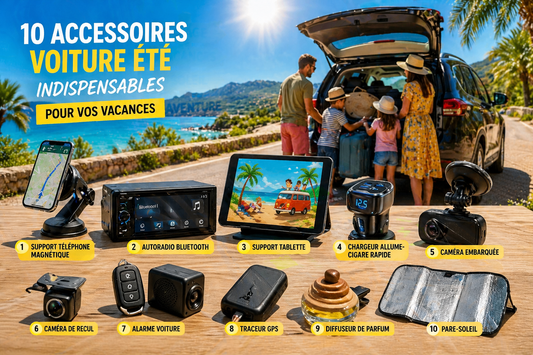 Famille charge voiture pour vacances d'été avec dix accessoires multimédia connectés