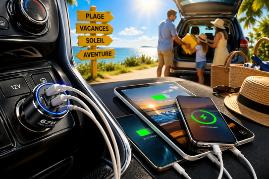 Trois appareils connectés sur chargeur allume-cigare, famille charge ses bagages pour les vacances d'été