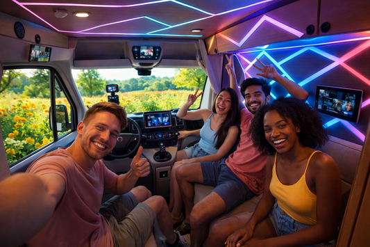 Jeunes heureux dans camping-car personnalisé avec led interieur voiture