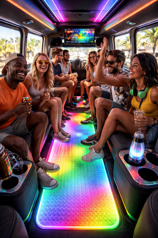 Bus , intérieur transformé par un  tapis de sol voiture lumineux multicolore, contenant des jeunes très heureux