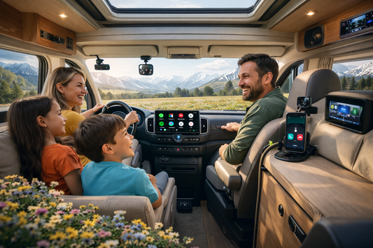 Une famille heureuse dans une camping car transformée en voiture connectée