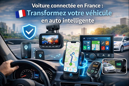 Intérieur de voiture connectée avec écran, GPS, dashcam et accessoires intelligents