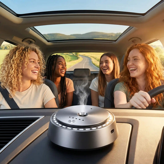 Diffuseur de parfum électrique sur tableau de bord de voiture contenant jeunes filles