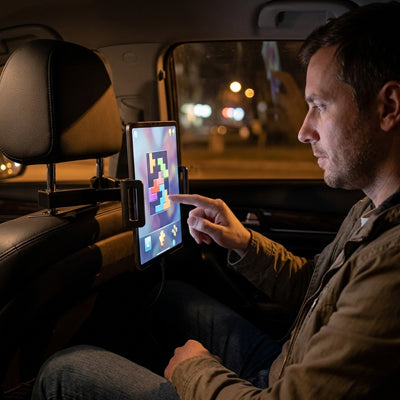 Passager assis en arrière travaille sur tablette fixé sur support tablette voiture