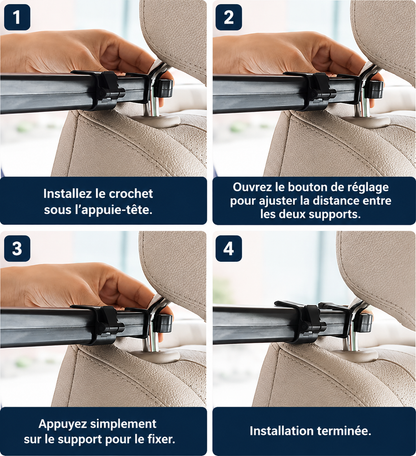 Tablette et support pour voiture avec étapes d’installation sur les tiges de l’appuie-tête 