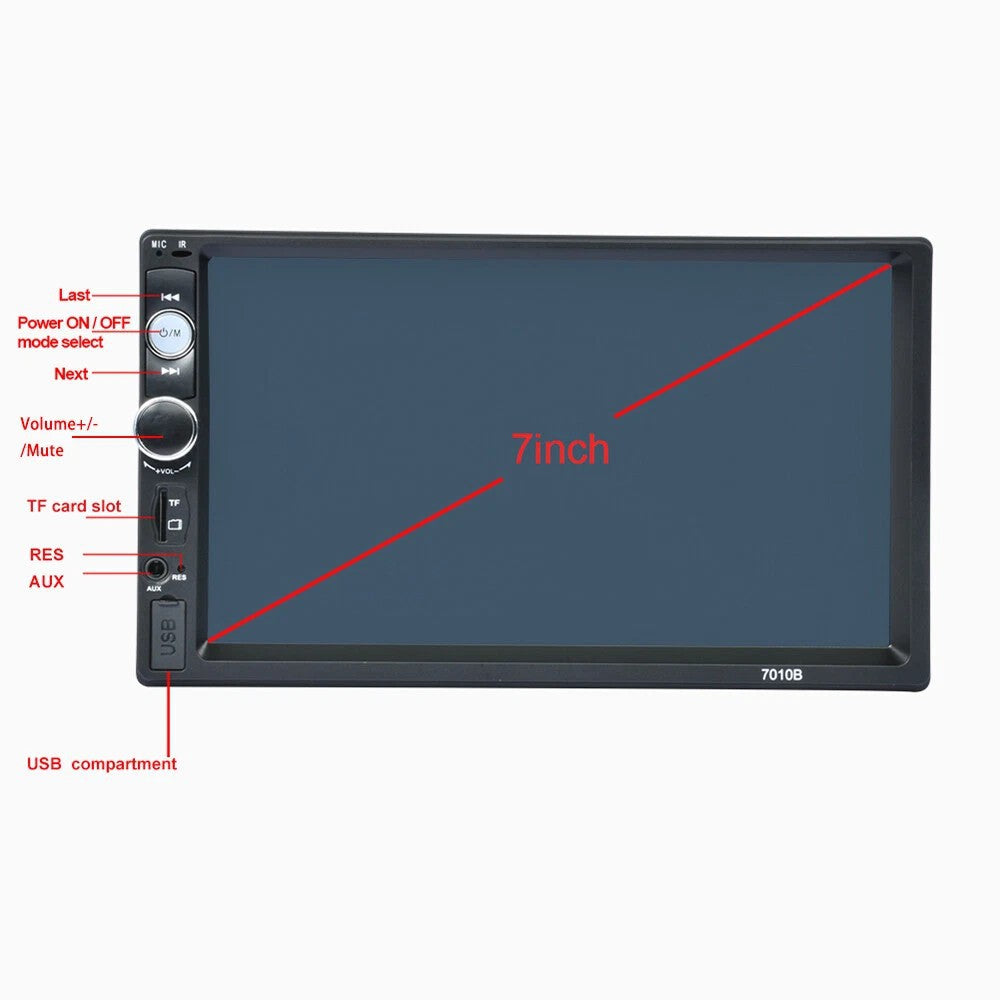 Autoradio 2 din 7 pouces avec écran tactile HD, port USB, Bluetooth, entrée AUX et lecteur carte TF