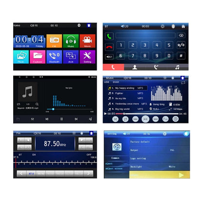 Autoradio 2 din avec interface multimédia affichant les fonctions Bluetooth, musique, radio FM, appels mains libres et paramètres.