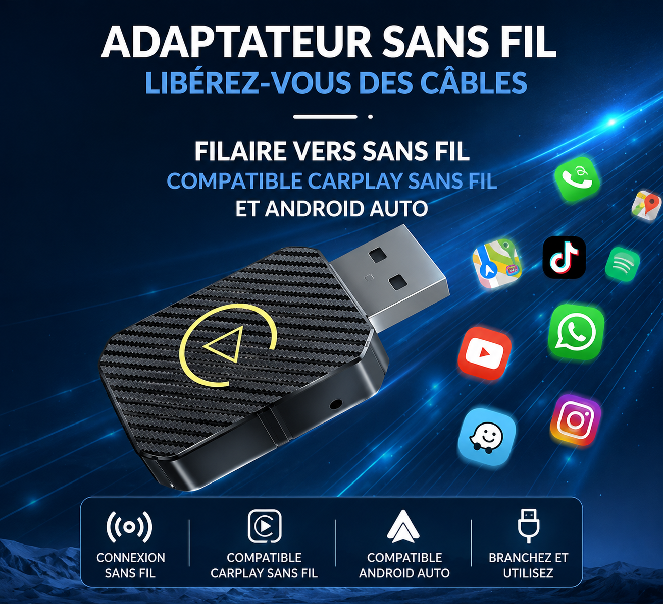 Boîtier CarPlay USB offrant une connexion sans fil pour utiliser Google Maps, Apple Plans, Spotify et les appels mains libres.