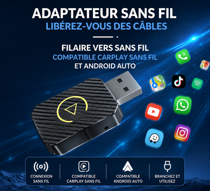 Boîtier CarPlay USB offrant une connexion sans fil pour utiliser Google Maps, Apple Plans, Spotify et les appels mains libres.