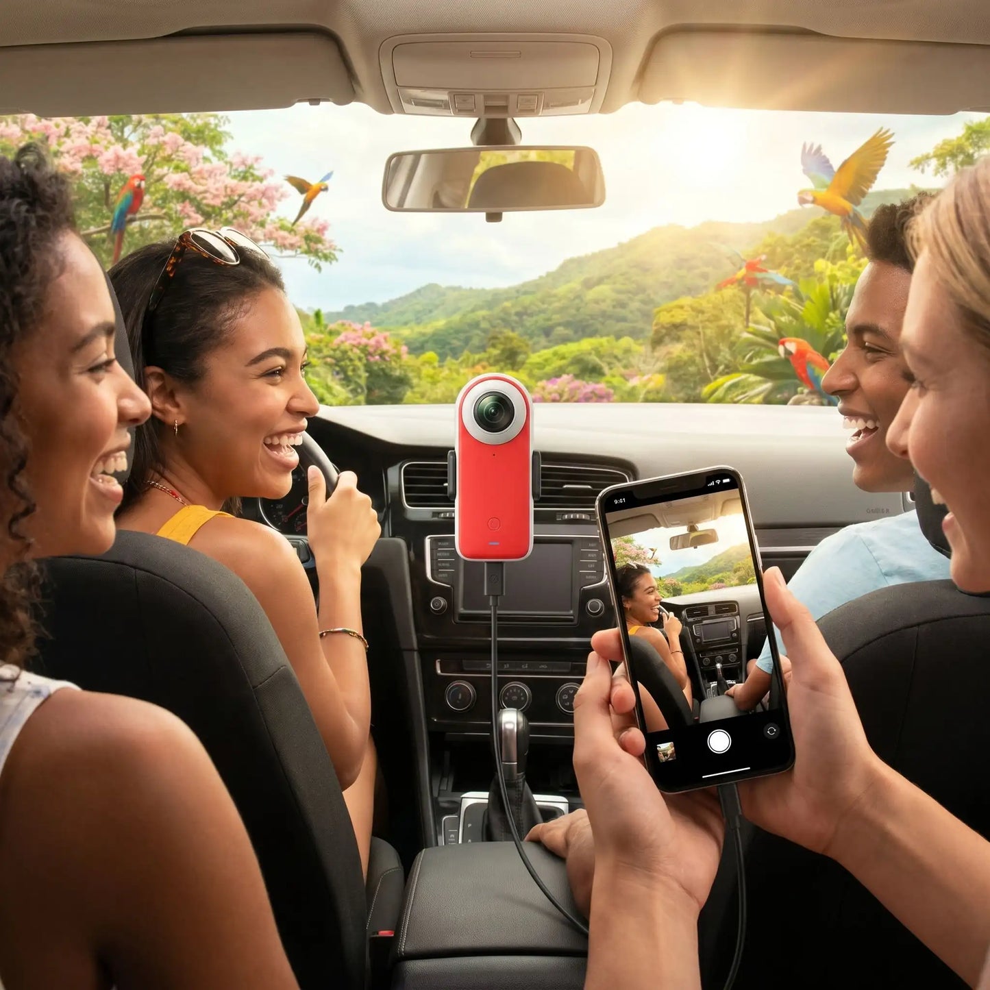 Camera embarquée dans voiture capturant les trajets touristiques et les souvenirs de vacances des jeunes
