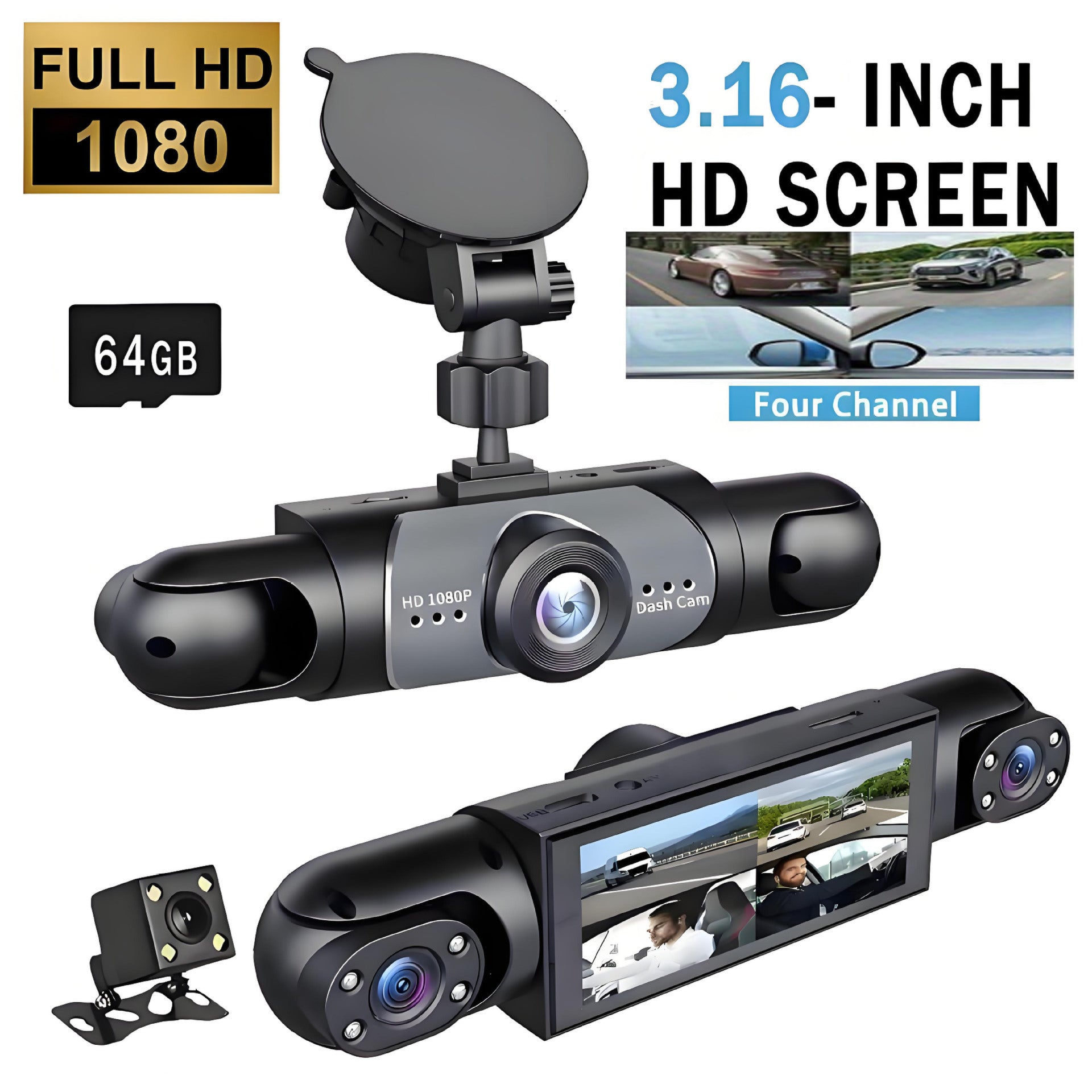 camera embarquée en voiture full hd quatre canaux écran carte 64 Go