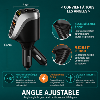 Chargeur allume cigare avec angle réglable à 360°, affichage numérique de la tension et charge rapide QC 3.0 pour voiture