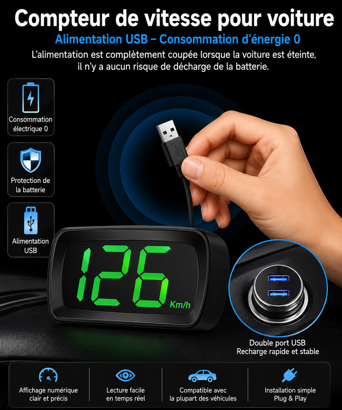 Compteur de vitesse pour voiture alimenté par USB avec coupure automatique alimentation