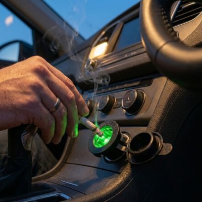 Conducteur allume son cigare avec prise allume cigare vert branché