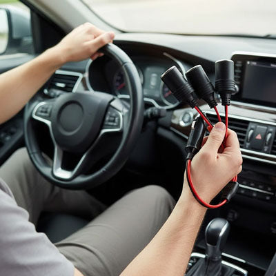 Conducteur  avec prise allume cigare en main au volant