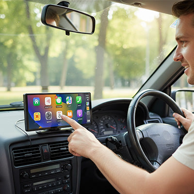 Conducteur heureux au volant tape écran tactile Autoradio 2din installé sur tableau de bord