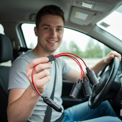 Conducteur heureux avec prise allume cigare en main au volant