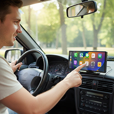 Conducteur heureux tape écran tactile Autoradio 2din installé sur tableau de bord