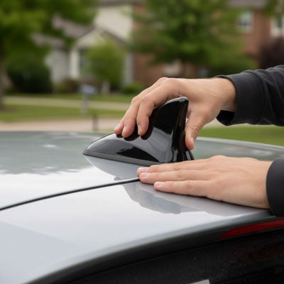 conducteur installe antenne voiture requin noire sur toit voiture 