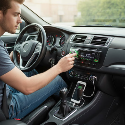 Conducteur manipule autoradio bluetooth et charge smartphone connecté