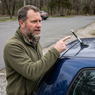 Conducteur montre antenne pour voiture installée sur toit voiture bleue
