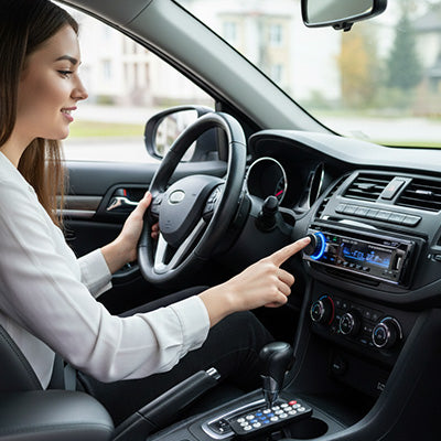 Conductrice au volant manipule autoradio bluetooth affichage lumineux avec télécommande dans habitacle voiture