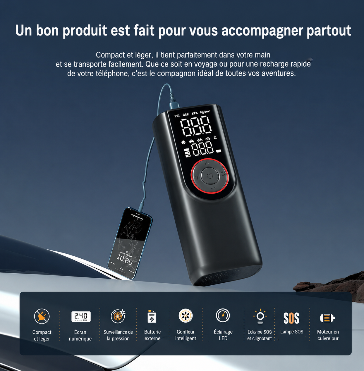 Gonfleur pneu  permettant de gonfler les pneus recharge un smartphone.