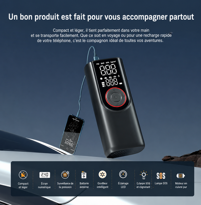 Gonfleur pneu  permettant de gonfler les pneus recharge un smartphone.