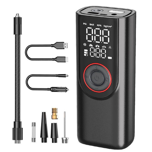 Gonfleur pneu portable avec écran numérique, tuyau d’air, câble USB et embouts de gonflage
