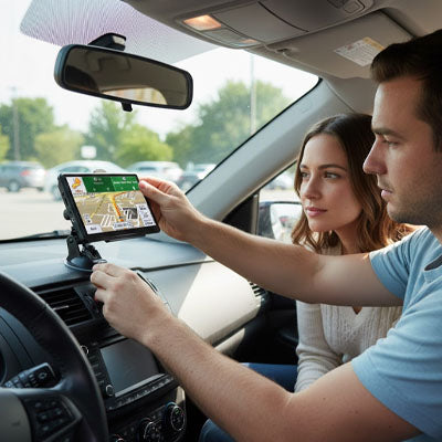 gps voiture fixe en navigation assistée par jeune couple curieux