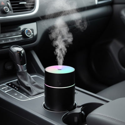 Humidificateur d'air  noir installé dans habitacle voiture