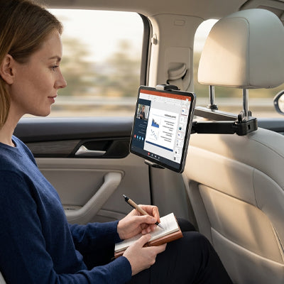 Passager écrit  en regardant sur  tablette installé sur support tablette pour voiture