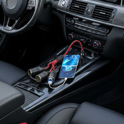 Prise allume cigare branché avec smartphone en charge sur une voie