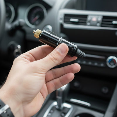 prise allume cigare tenue en main dans habitacle voiture