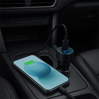 Smartphone en charge branché sur deuxième port PD Chargeur allume cigare