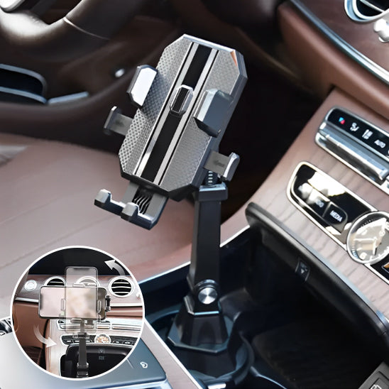 support de téléphone voiture fixé sur porte gobelet central et ouvert