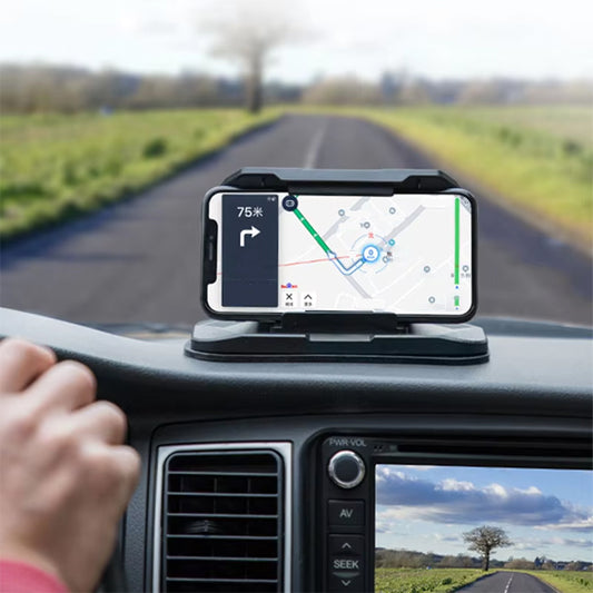 support téléphone voiture fixé sur tableau de bord avec smartphone horizontal en navigation