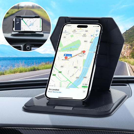 support téléphone voiture fixé sur tableau de bord avec smartphone vertical en navigation
