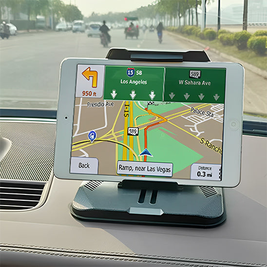 support téléphone voiture fixé sur tableau de bord avec tablette  horizontal en navigation